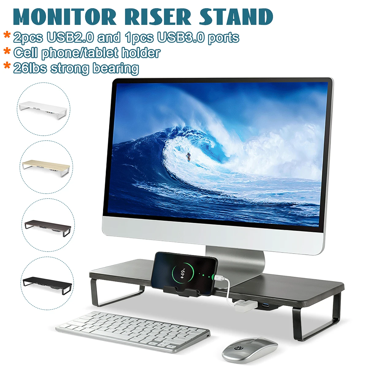 

3 USB Ports Smart Monitor Riser Multifunction Desktop Computer Screen Shelf Stand Laptop Desk Holder Accessories TV Stand