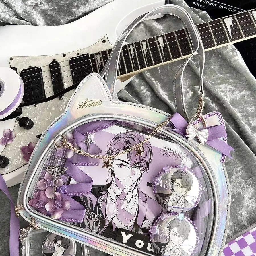 Cat Anime Cute Itabag Shoulder Crossbody Lolita Bag Handbag Transparent Faux Leather for Pins Badge Display Girl Women