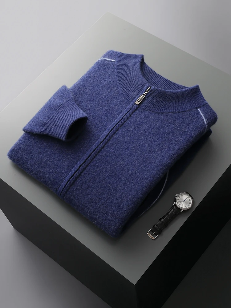 Мужской 100% кашемировый свитер на молнии кардиган с воротником-стойкой и длинным