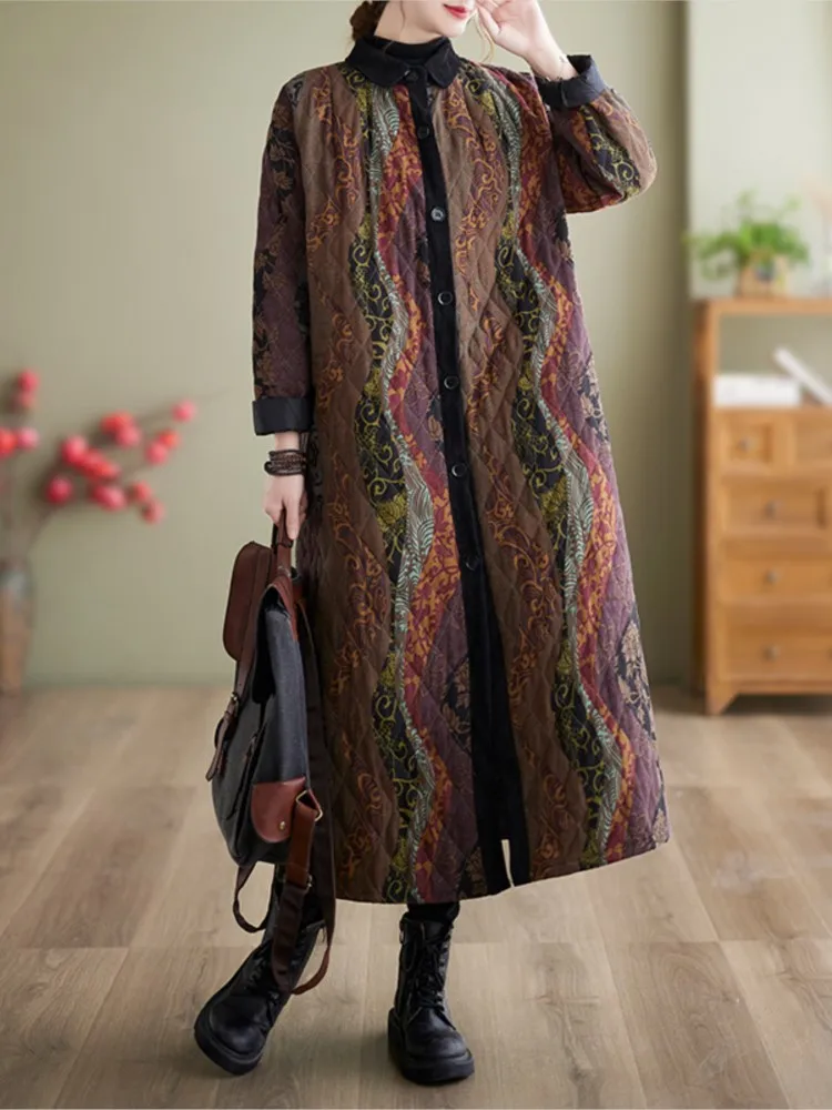 Стеганое хлопковое осенне-зимнее длинное пальто женские куртки в полоску с