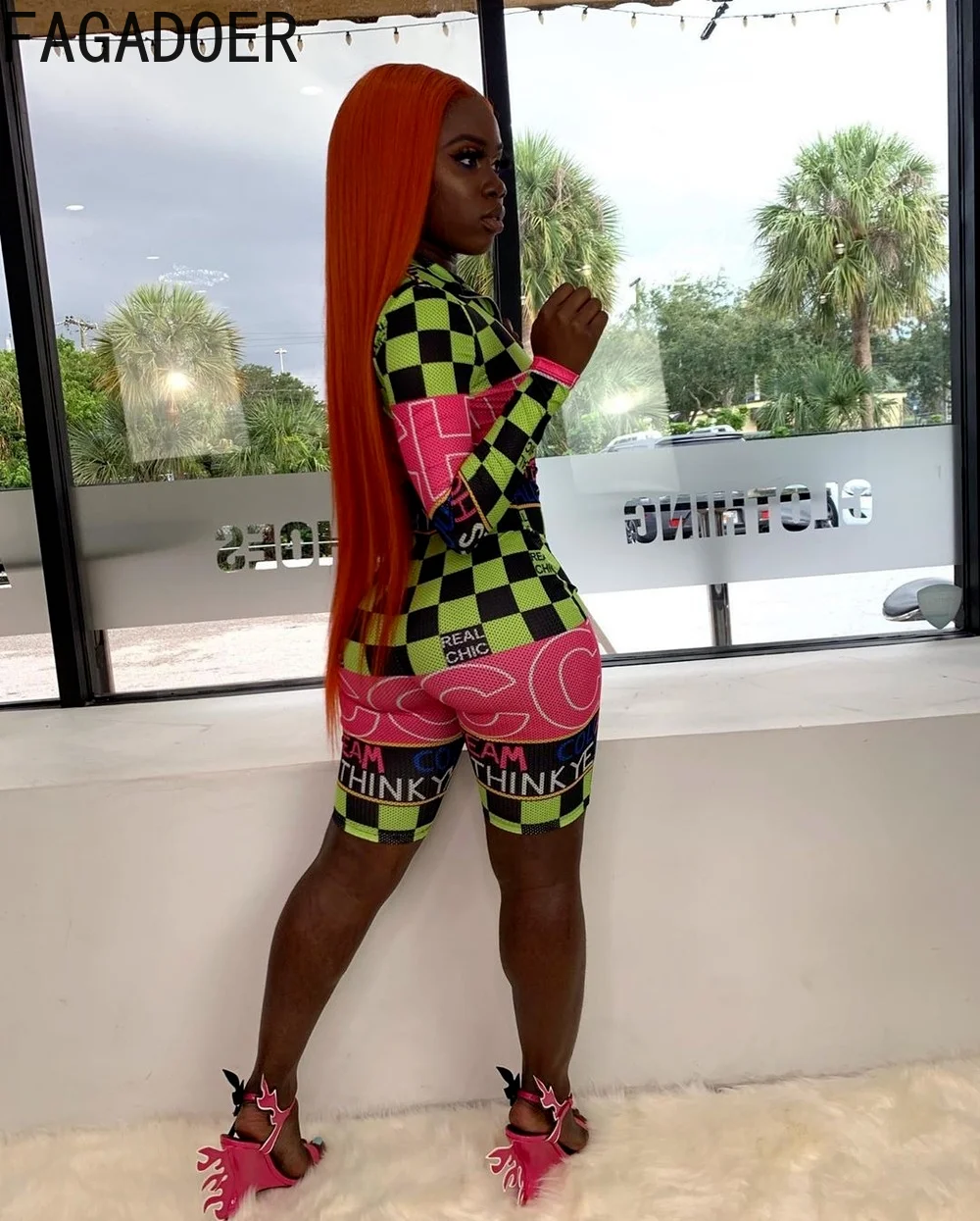 FAGADOER Sexy Plaid Print Race Girl Jumpsuit Women Zipper Long Sleeve Romper Fashion Patchwork Bodycon One Piece Playsuits 2022