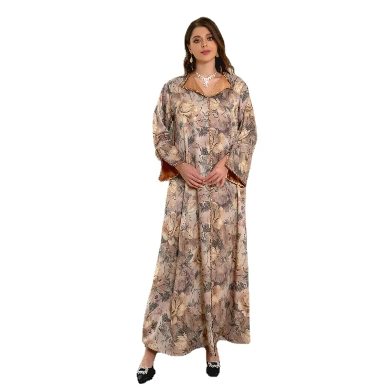 

Eid Muslim Print Flowers Long Dress Women Ramadan Abaya Diamond Dubai Arabic Turkey Islam Kaftans Robes Party Caftan Kaftan 2023