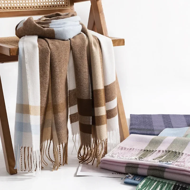 Новый зимний женский шарф с клетчатым принтом и кисточками имитация кашемира