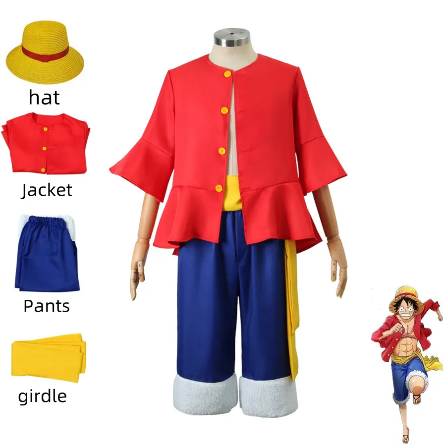 

Обезьянка д. Костюм для косплея Luffy из аниме, красный топ, синие брюки, шапка, пояс, мужской, женский, детский