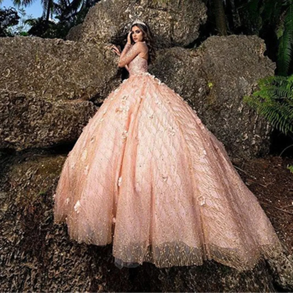 

New Arrival 2022 Shining Pink Ball Gown Quinceanera Dresses Beaded Off Shoulder Tulle Sequined Sweet 15 16 Dress XV Party Wear