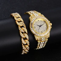 iced out watches for women men luxury gold diamond chain simple watch with bracelets cuban chain for women men jewelry watch set