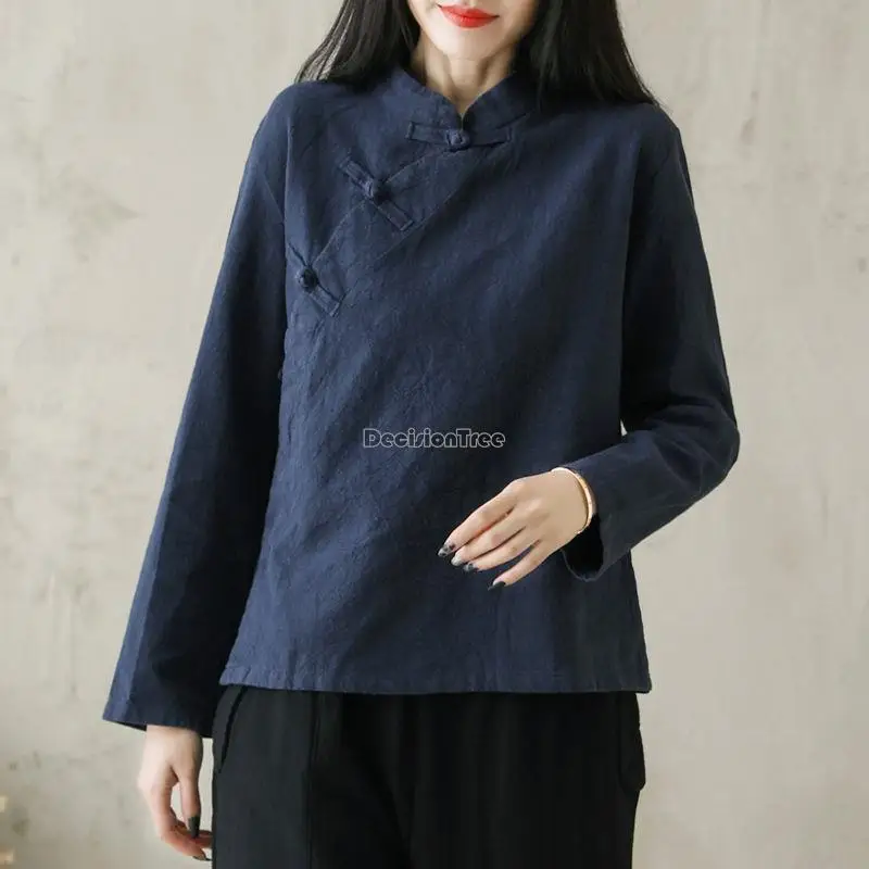 

2023 autumn new retro chinese style cotton linen cheongsam blouse chinese tang suit stand collar seven-point sleeve top s111