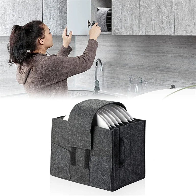 

Felt Plate Storage Holder Bag Cupboard Tableware Portable Dinner Plate Box Layered Storage Home Kitchen Supplies Solid Color