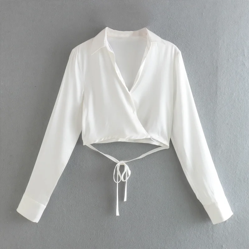 

2022 Summer Women Casual Short Blouses Shirts Tops Solid Satin Bandage Bow Tie Female Fashion Slim V-Neck Top Blusas