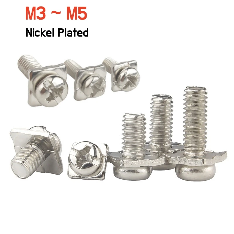 

20 ~ 50 шт. M3 M3.5 M4 M5, никелированная Квадратная Шайба, два комбинированных винта, поперечная круглая головка, сковородная головка, Клеммная колодка, винт
