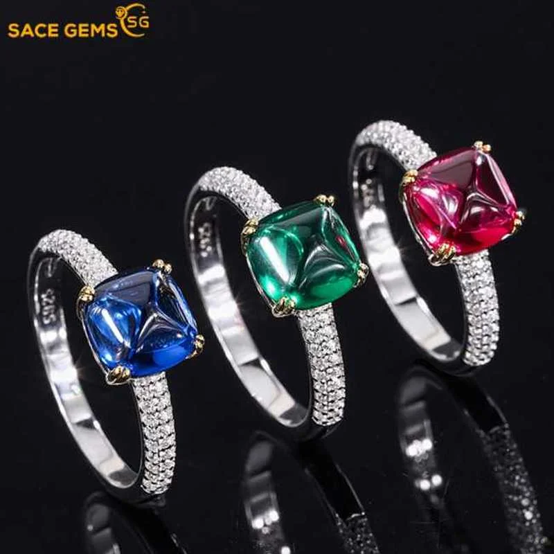 

SACE GEMS 925 Sterling Silver Imitation Emerald Sapphire Ruby Sugar Tower Gemstone Rings for Women Cocktail Party Fine Jewelry