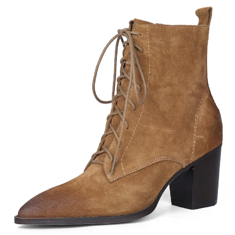 

Dilalula Vintage Mature Women Ankle Boots Pointed Toe High Heels Kid Suede Leather Lace-Up Shoes Woman Autumn Winter Office Lady
