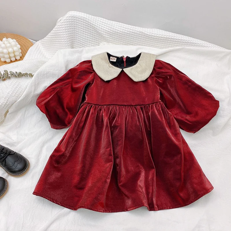 

Girls Lolita Style Princess Dresses Autumn Winter Kids Elegant Red Blue Dress 3-7Y Children Warm Clothes Baby Fashion vestidos