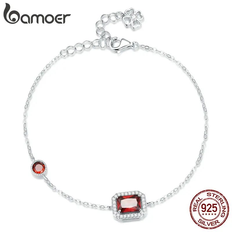 

Bamoer 925 Sterling Silver French Ruby Zircon Bracelet Sterling Silver Adjustable Chain Link Bracelet Fine Jewelry Wedding Gift