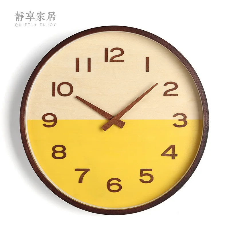 

Большие настенные часы, деревянные бесшумные современные кухонные часы, желтые настенные часы, домашний декор, деревянная игла, наручные ча...