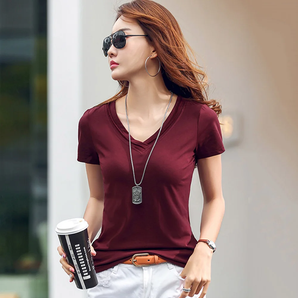 New Women V-Neck T-shirt Summer Fashion Casual Short Sleeve Slim Tees Tops Classic Simplicity Basic Cotton T-shirt Burgundy