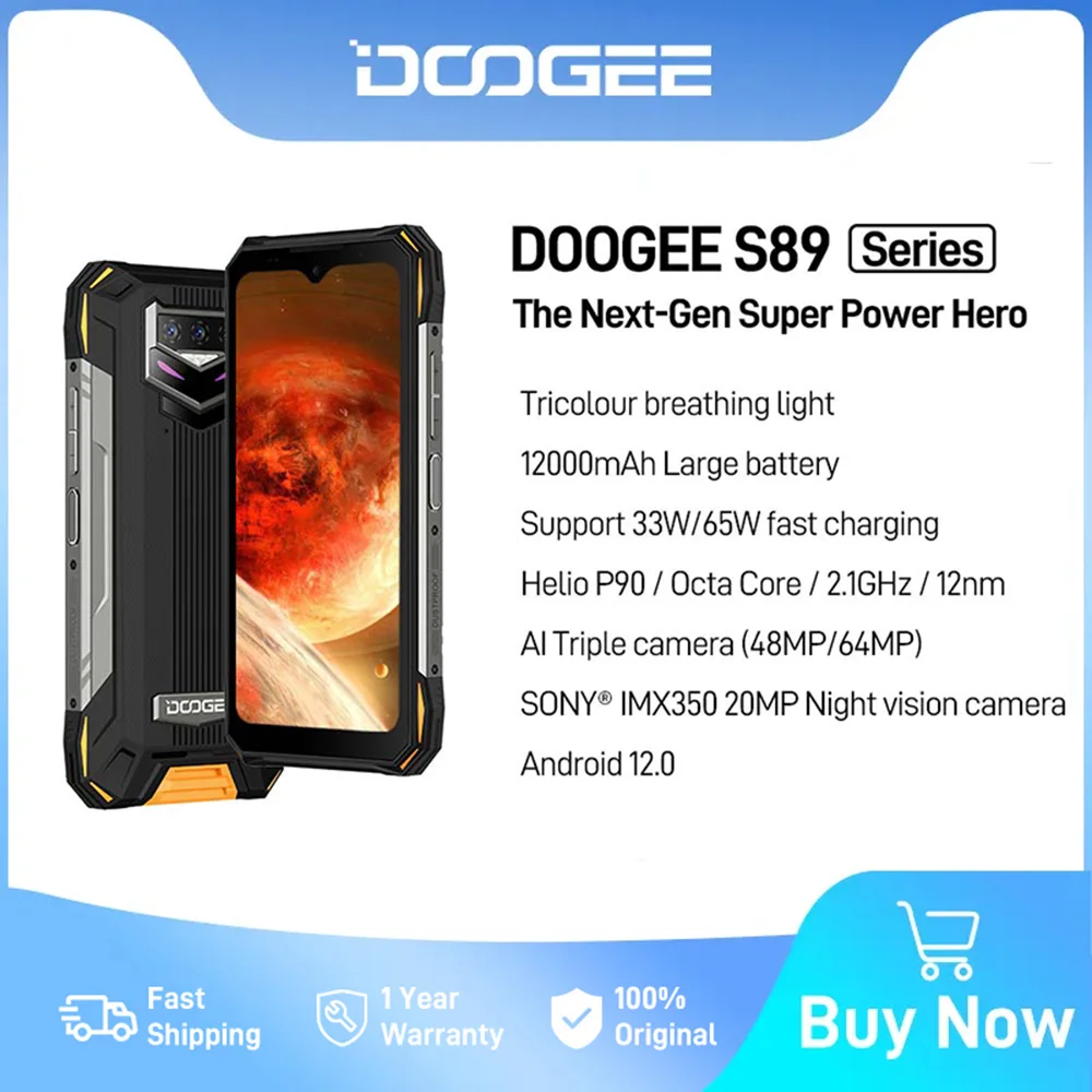

Мировая премьера DOOGEE S89 Series Rugged телефон 6.3" Android 12 Helio P90 8 RAM+128 ROM/ 256 ROM 48MP/64MP 12000mAh батарея