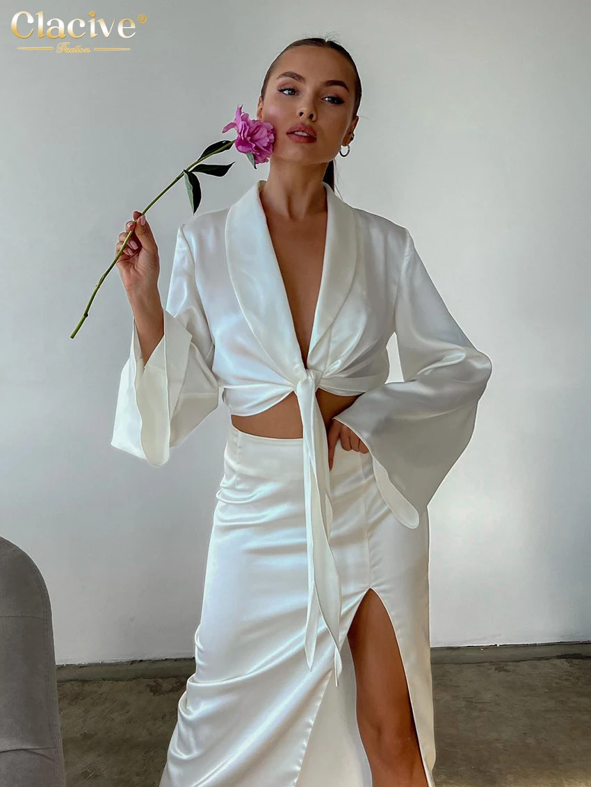 

Женский атласный комплект из 2 предметов, с длинным рукавом и завышенной талией