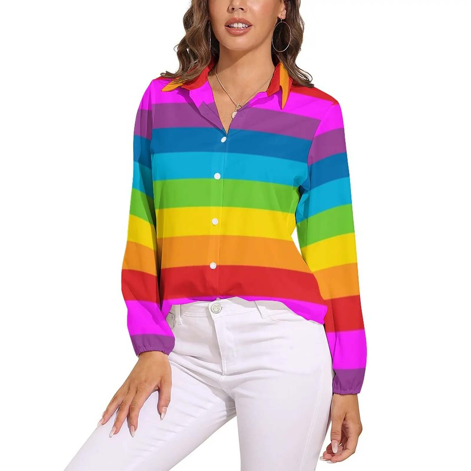 

Striped Pattern Blouse Long Sleeve Rainbow Stripes Retro Blouses Female Streetwear Oversized Shirts Custom Clothes Birthday Gift