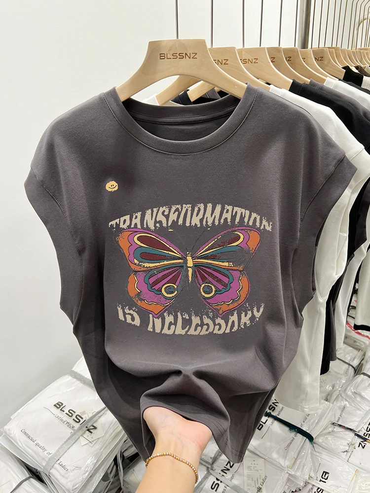 American vintage Shoulder Sleeveless T-shirt Women's Short Sleeve Summer Design Sense Waistcoat Small Flng...