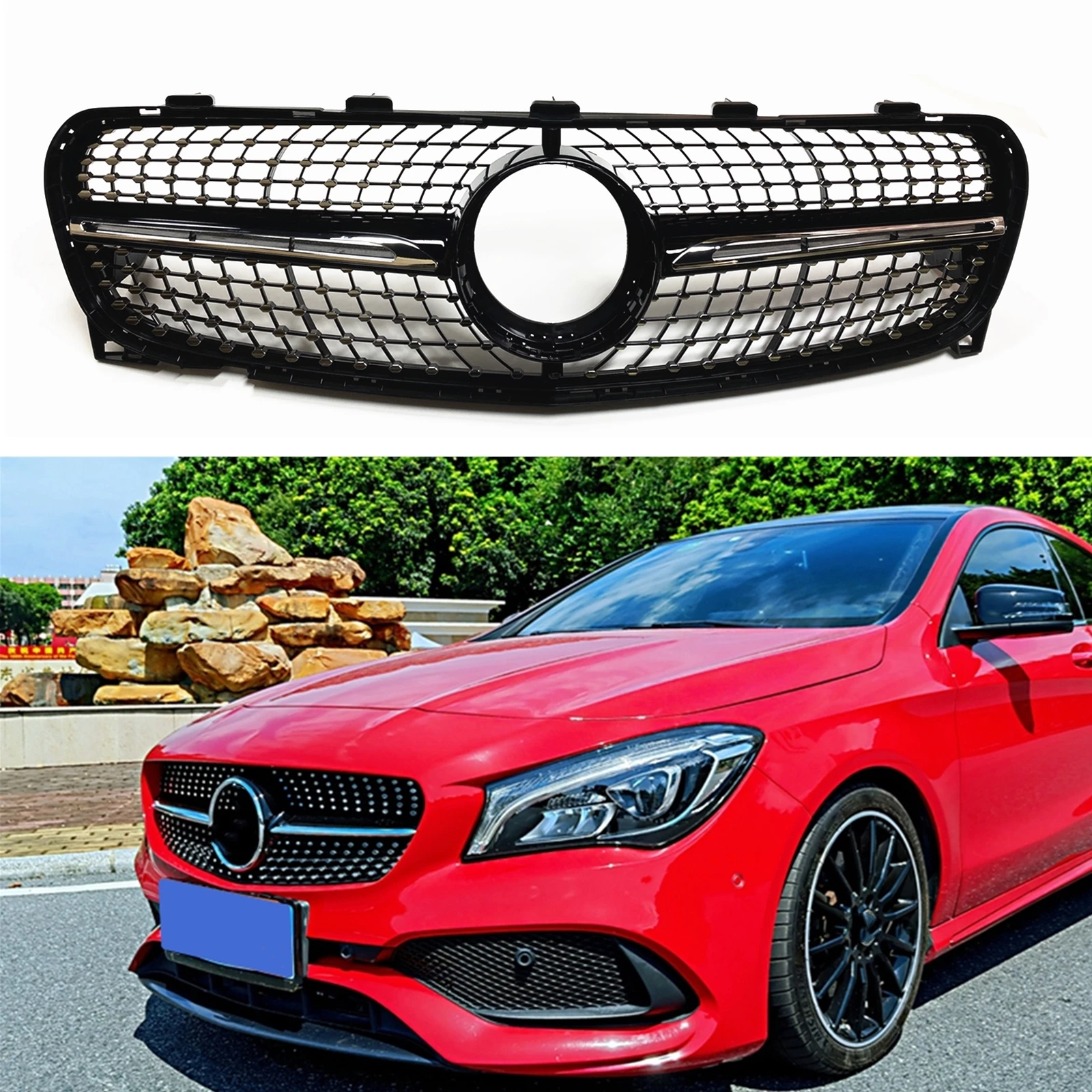 

Car Front Grille Diamond Look Grill Upper Bumper Hood Mesh Auto Part For Mercedes Benz GLA X156 2017 GLA45 GLA250 GLA180 GLA200