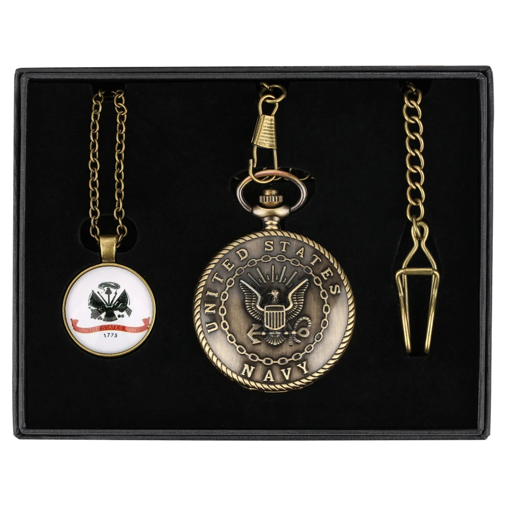 Best Gifts to Men United States Air Force Army Navy Theme Bronze Retro Quartz Pocket Watch Necklace Pendant Accessories Gift Set