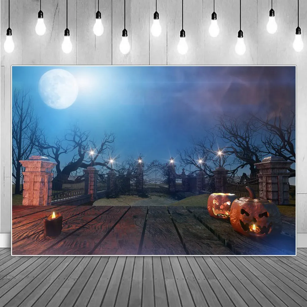 

Halloween Weird Pumpkins Face Lights Fence Gate Decoration Photography Backdrops Forest Tree Trunk Home Studio Photo Backgrounds