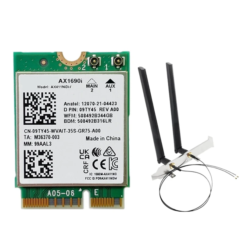 

AX1690I Wi-Fi карта с 2x8 дБ антенной AX411 Wi-Fi 6E скорость 2,4 Гбит/с 802.11Ax 2,4/5/6 ГГц Bluetooth 5,3 беспроводной модуль