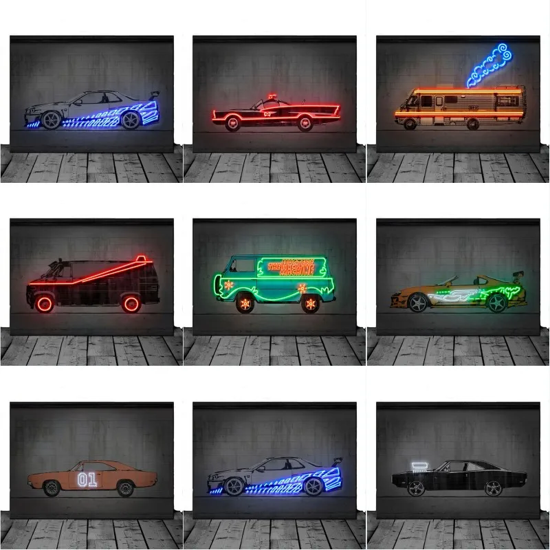 

Неоновые модные автомобили, Картина на холсте Назад в будущее, автомобиль, просто плакаты, принты, Настенная декоративная картина для бара, ...