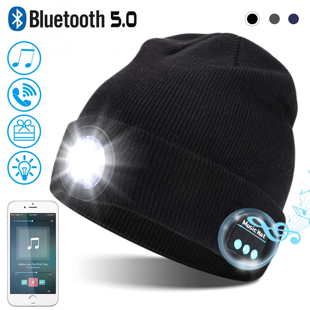 

LED Beanie Hat with Light Rechargeable Beanie Hat Wireless Headphones Cap Knitted Hat with Light for Adults and Kids
