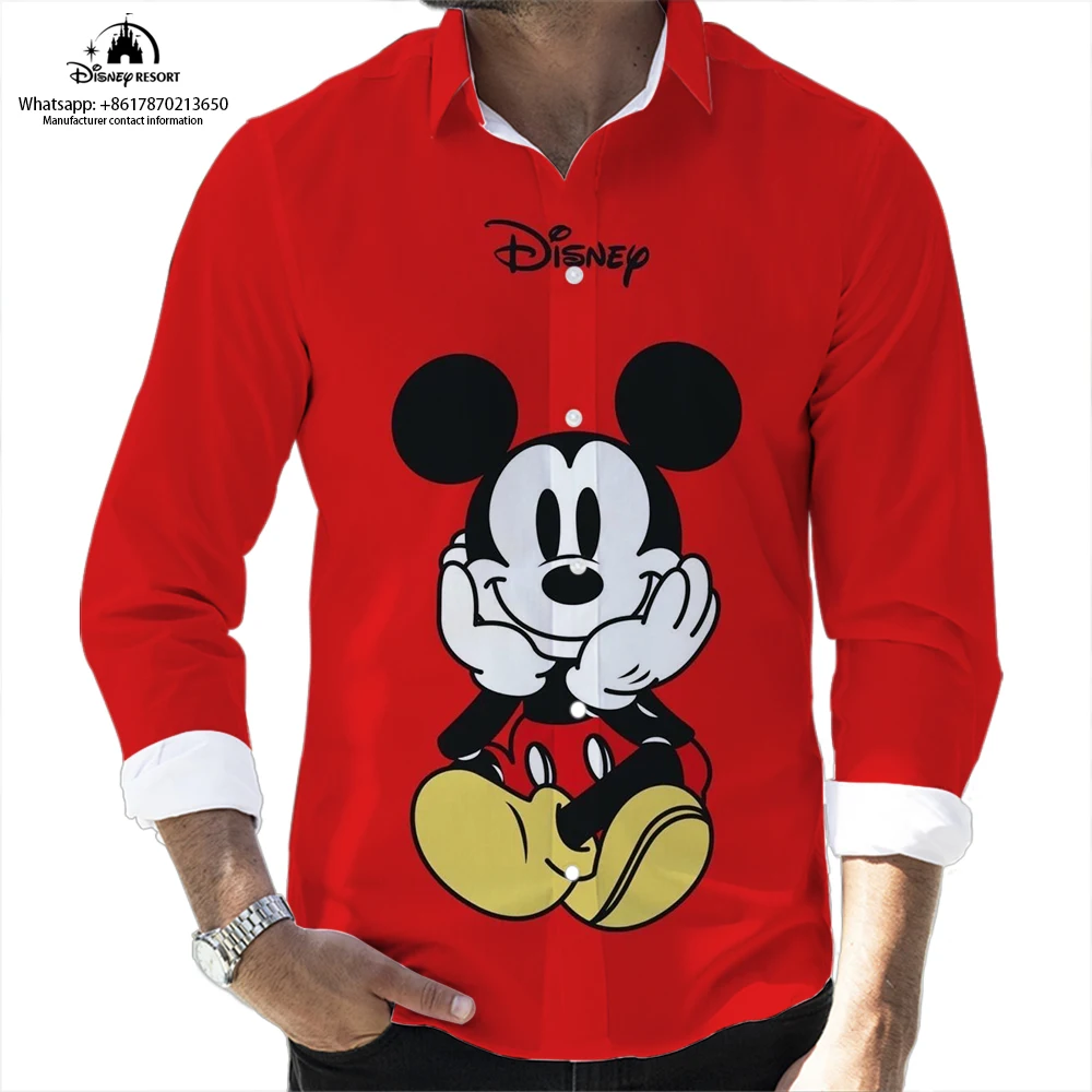 

Осенняя популярная уличная одежда в стиле Харадзюку, Повседневная рубашка с длинным рукавом и лацканами с 3D-принтом Микки Мауса, новинка 2022, облегающие мужские топы Y2K