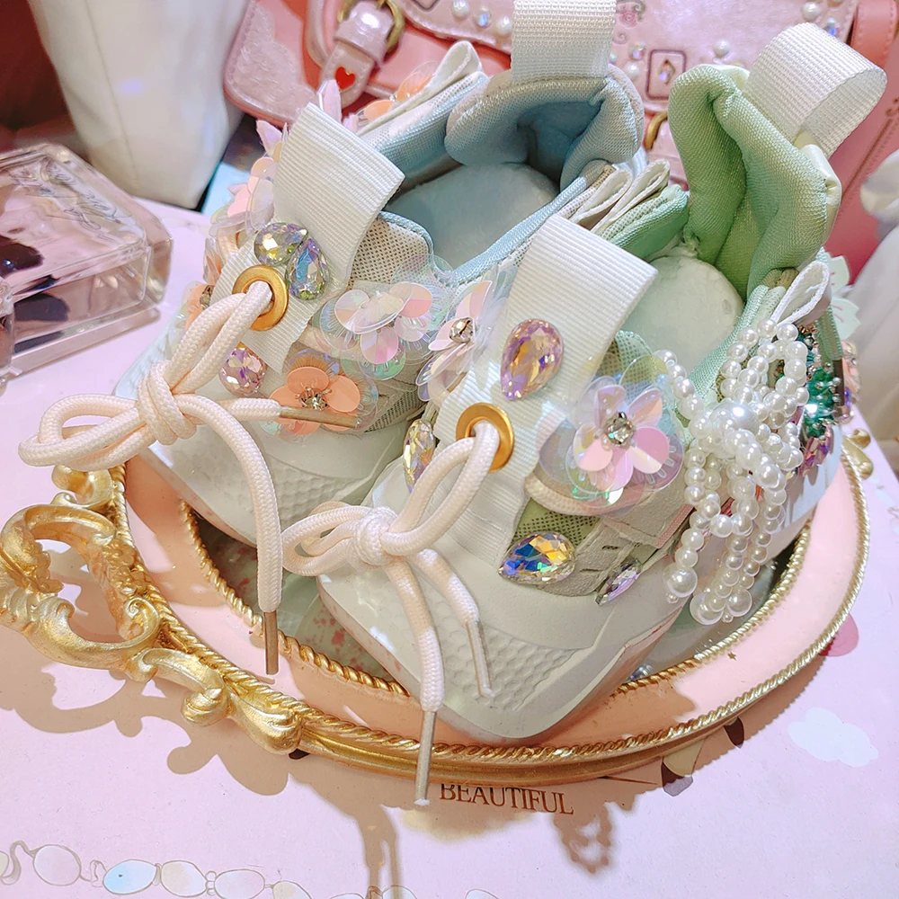 Женские кроссовки Стразы со стразами жемчужинами цветами сетчатая повседневная