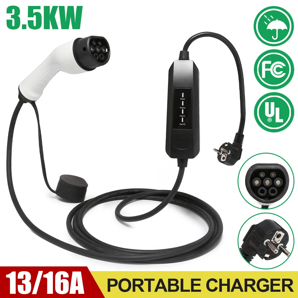 

13A/16A 3.5kW Portable Electric Car Charger Type 2 IEC62196-2 IP55 Waterproof EV Charger with 5m Cable for Electric Vehicle