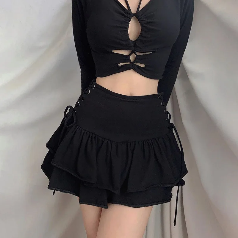 

Кружевная плиссированная юбка в японском стиле Харадзюку для девушек с высокой талией, Готическая Милая Мини-юбка в стиле «Лолита», сексуальная юбка в готическом стиле