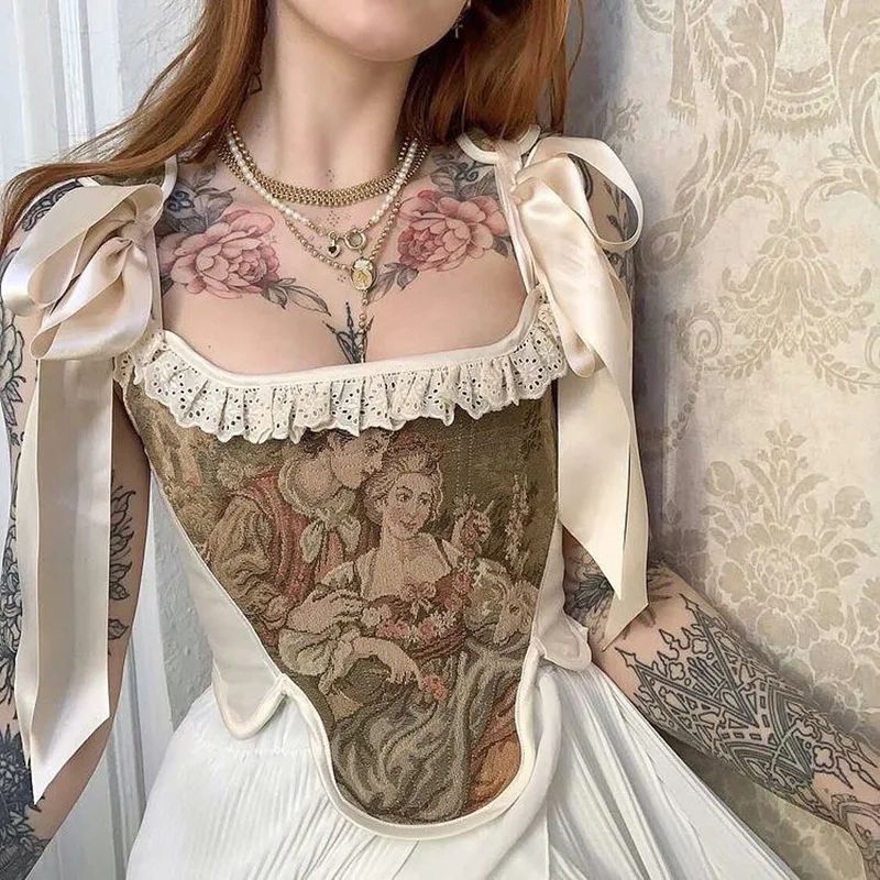 

Vintage Printed Corset Women Sexy Camisole Bandage Retro Vest Party Club Beach Wear Y2K Female 2022 Summer Tops