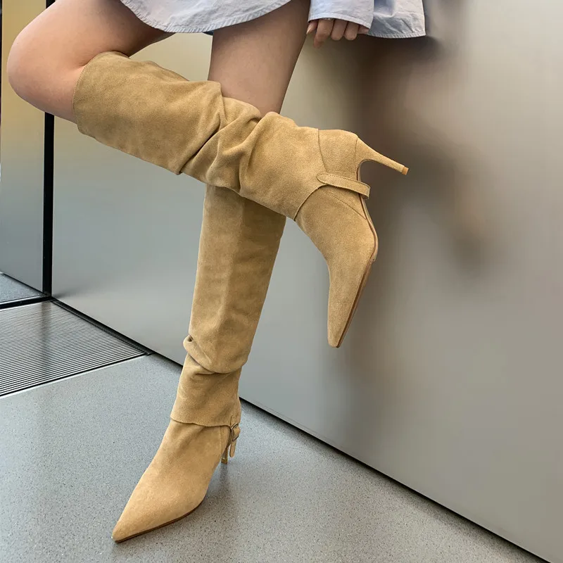 

Сапоги до колена из коровьей замши женские сапоги во французском стиле весна-осень с острым носком без застежки зимняя простая плиссированная обувь