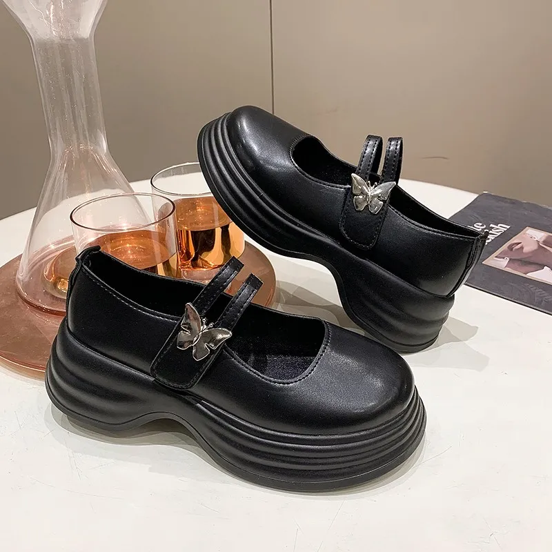 

Womens Derby Shoes British Style Black Flats Round Toe Clogs Platform All-Match Female Footwear Leather Summer Preppy Creepers D