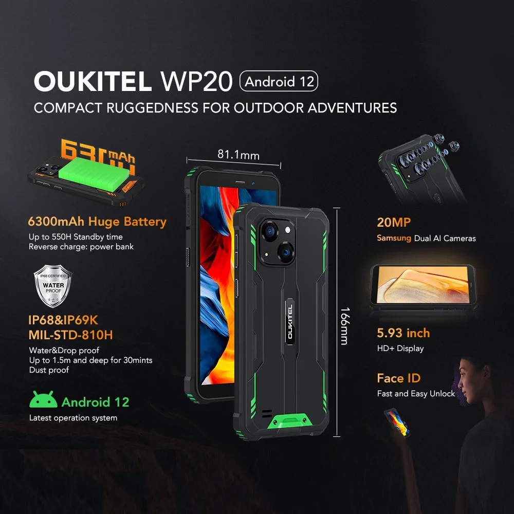 Oukitel WP20 Waterproof Smartphone 6300mAh IP68 Android Phone 5.93'' 4GB+32GB Mobile Phone 20MP Dual Cameras 4G Rugged Cellphone