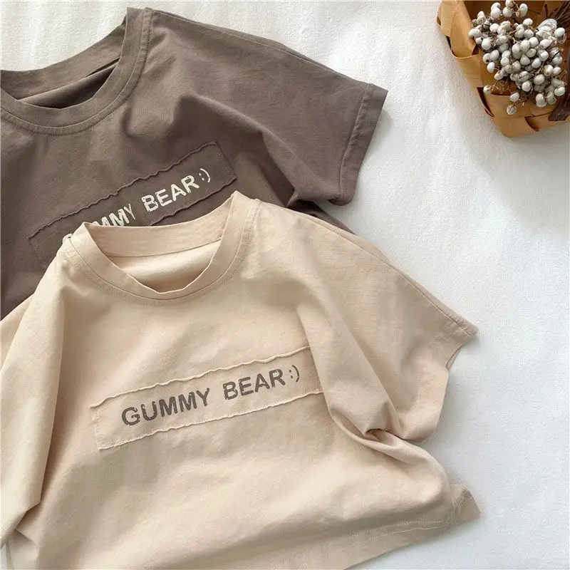 Детская летняя одежда Корейская свободная футболка из чистого хлопка с
