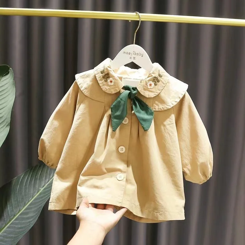 

2023 New Fashion Baby Girls Trench Coat with Doll Collar, Flower Embroidery and Cape Shawl Clothes for Girls Kids Clothes Girl