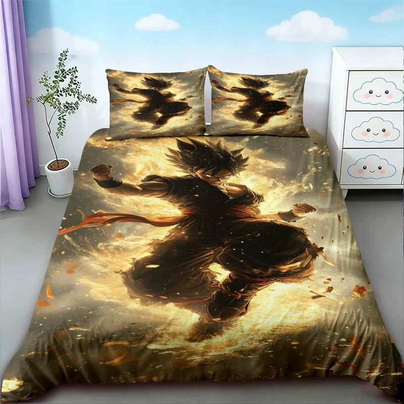 Фото Подростковый комплект постельного белья с мультяшным рисунком Dragon Ball Goku, размер Queen/King, для спальни, дома, общежития, декор, подарки на день рождения №5