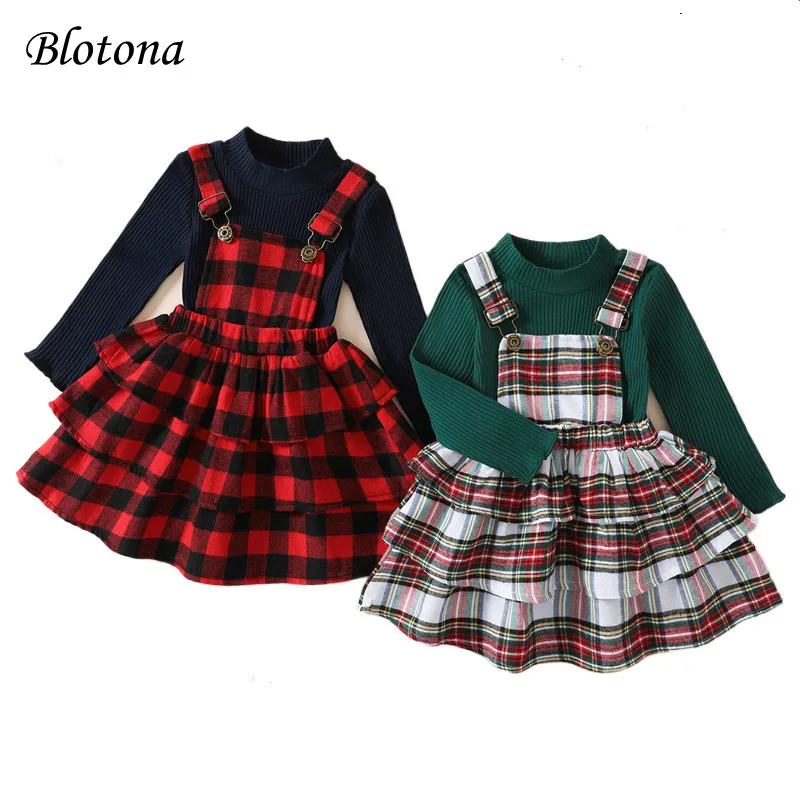 

Комплект детской одежды из 2 предметов Blotona, однотонный топ с длинным рукавом и ложным воротником в рубчик + юбка в клетку сарафан, 1-5 лет
