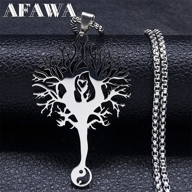 

Yoga Tree of Life Stainless Steel Chain Necklace for Men Silver Color Tai Chi Gossip Necklaces Jewelry colar masculino N4623S01