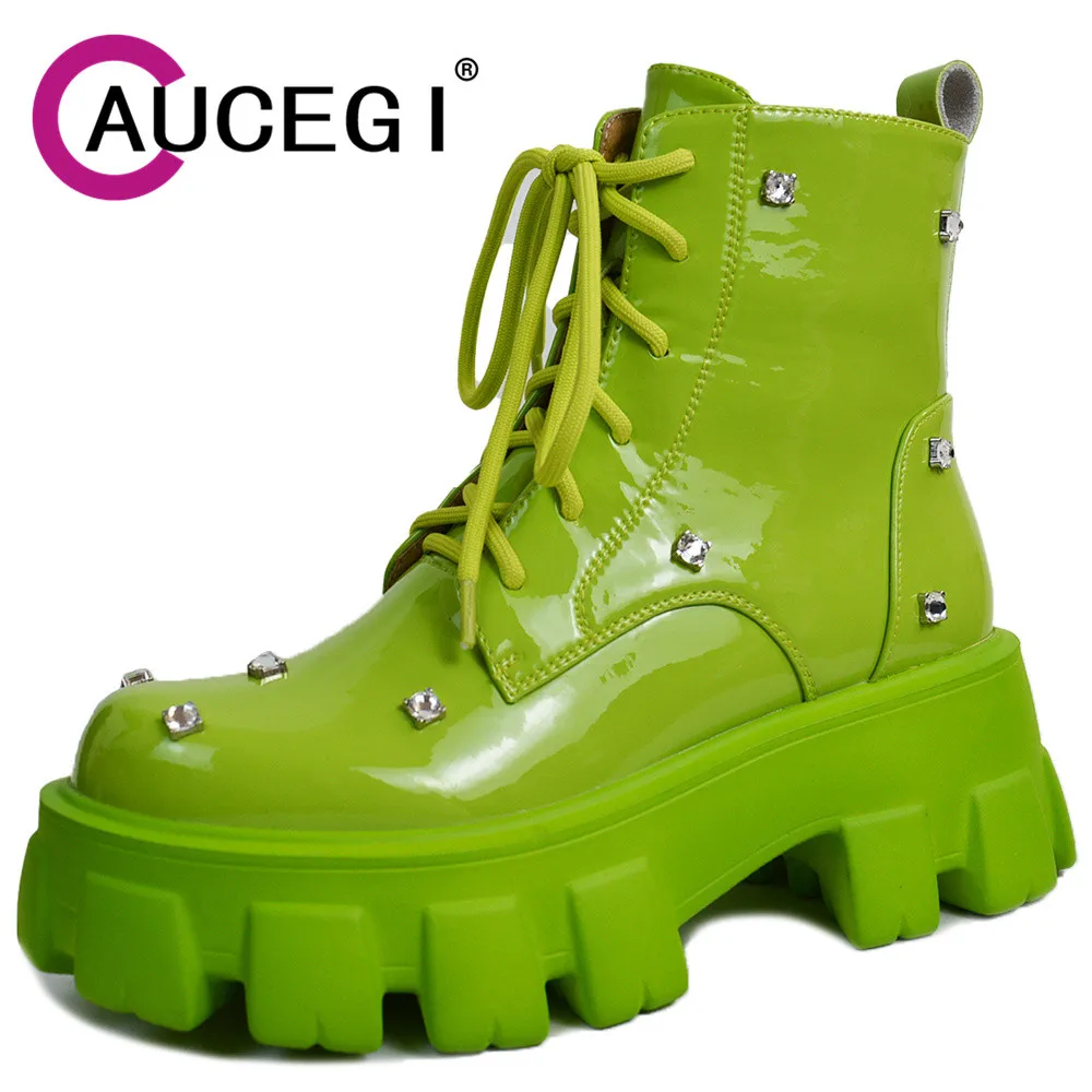 

Aucegi ботильоны с кристаллами на платформе с толстой подошвой женские лакированные кожаные ботинки на молнии со шнуровкой и круглым носком зеленые вечерние ботинки