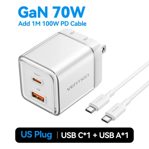 Зарядное устройство Vention 70 Вт GaN USB Type C Зарядное устройство PD QC PPS Портативное зарядное устройство для ноутбука iPhone 17 16 15 14 Pro Max Samsung