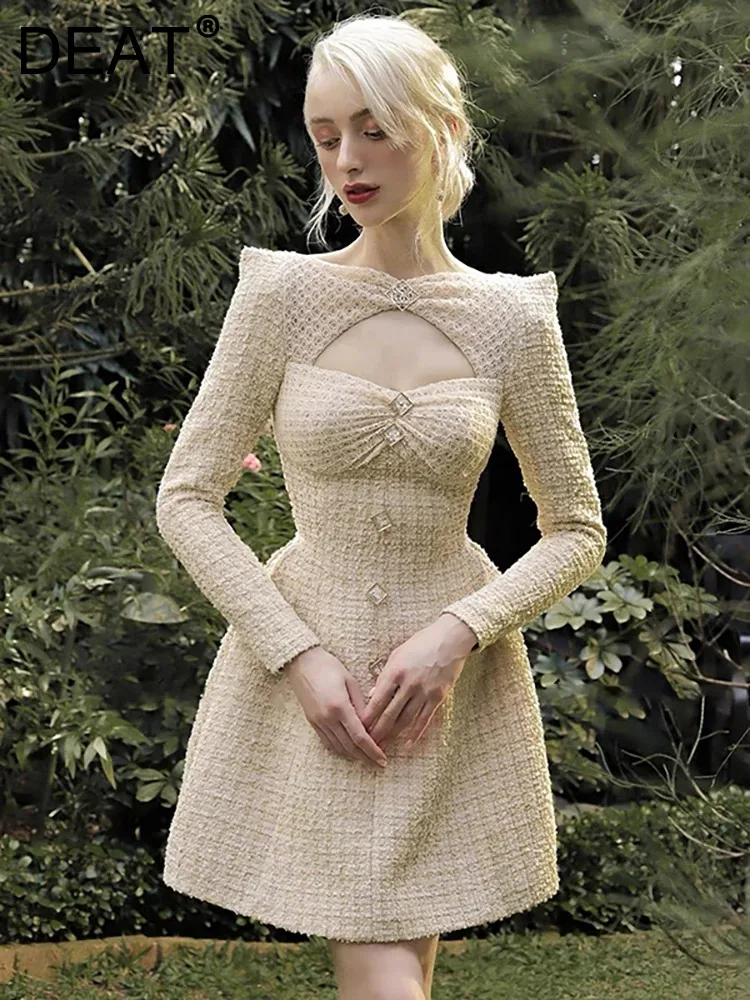 

Женское платье с длинным рукавом DEAT, однобортное ажурное платье с круглым вырезом и открытыми плечами, 13DB3933, осень 2023