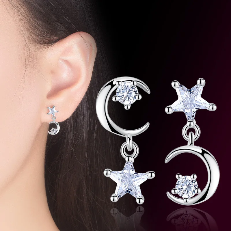 

Star Moon Asymmetry Earrings Female Light Luxury Style Earrings For Women Brass With Zirconia Bright Silver Plated Jewelry