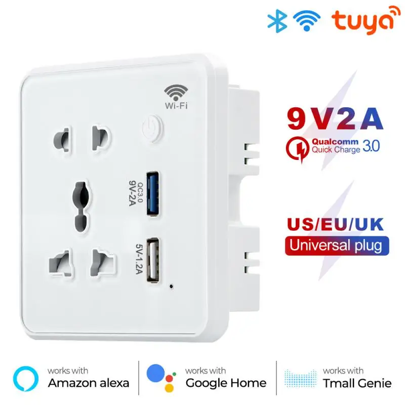 

Умная розетка Tuya с Wi-Fi, вилка стандарта США, ЕС, Великобритании, универсальное быстрое зарядное устройство 3,0, зарядка через USB, таймер, электрическое приложение для Alexa, Google