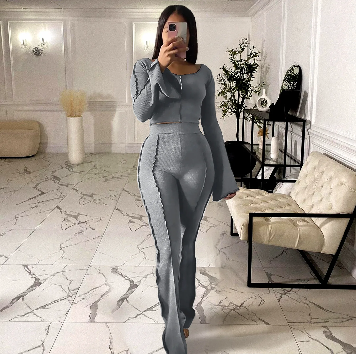 

Elastic Rib Two Piece Pant Suits for Female Solid Color O-neck Flare Long Sleeve Pullover+tummy Control Flare Trouser Tracksuits