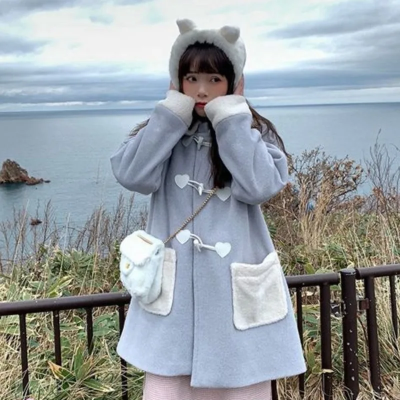 

2023 Blends Women Preppy Japanese Style Patchwork Harajuku Pockets Sweet Ins Fall Winter Casual New Baggy Coats All-match Kawaii